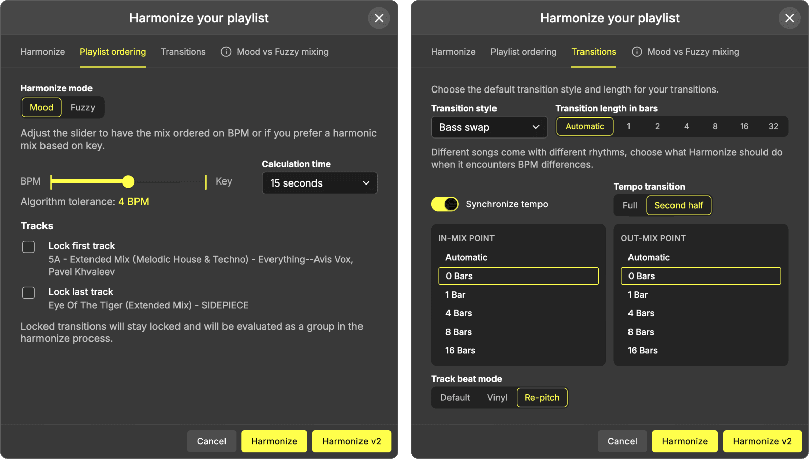 DJ.Studio: Harmonize-Einstellungen für Playlist-Reihenfolge, Tempo und Übergangslänge