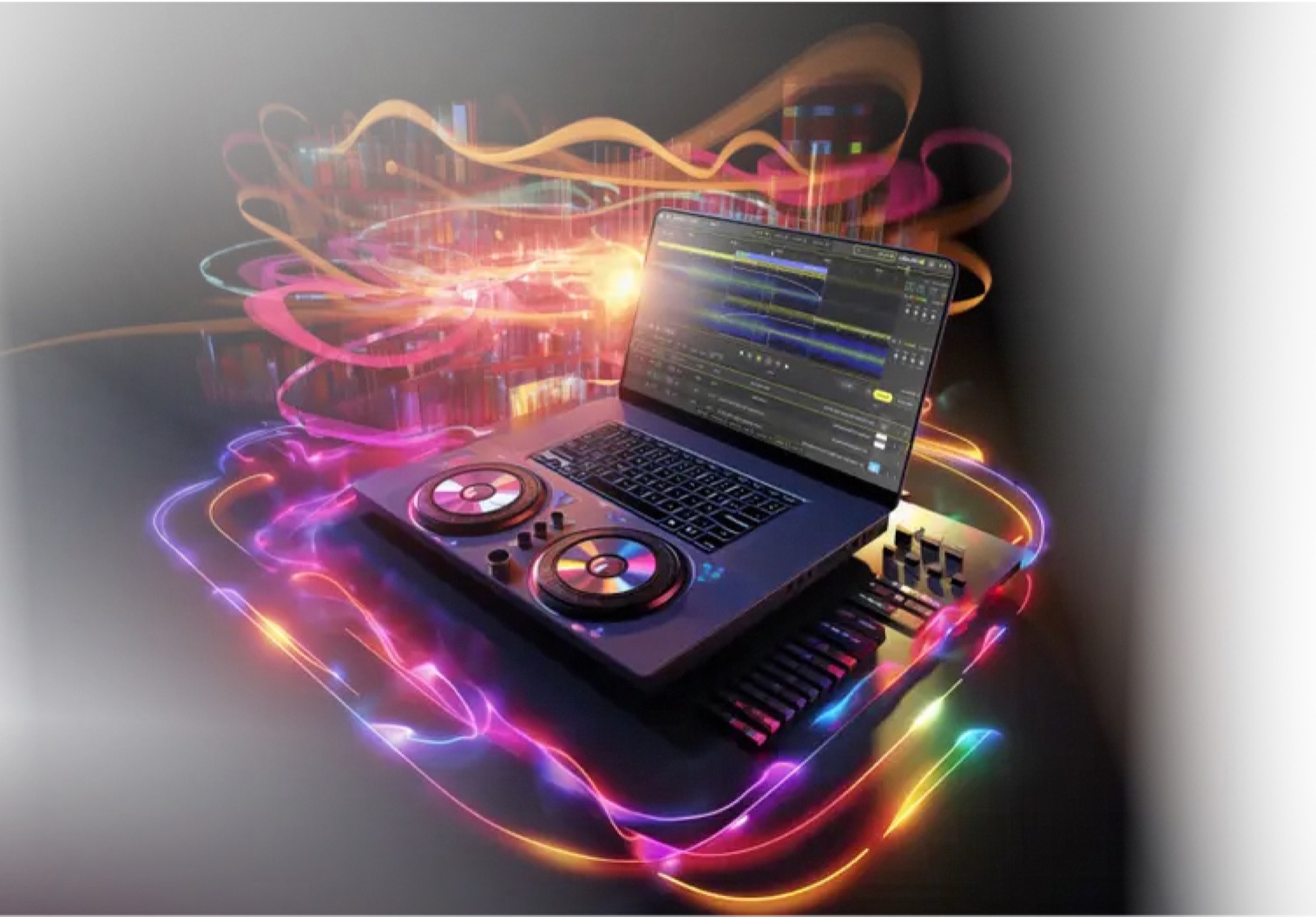 Illustration eines DJ-Laptops mit farbigen Klangwellen